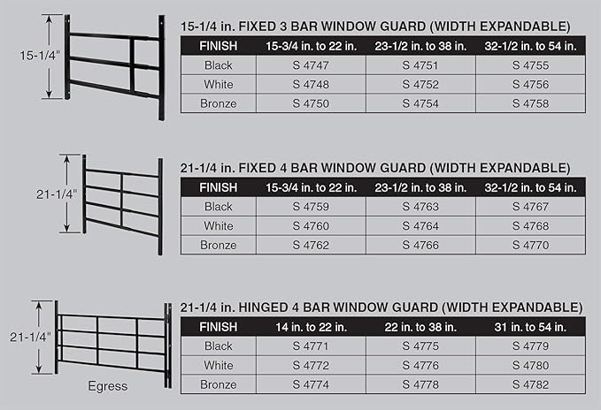 Segal 9179775 16 in, Carbon Steel, Black, Fixed 3-Bar Window Grill, 15-1/4 in.H x 23-1/2 in-38 in.W