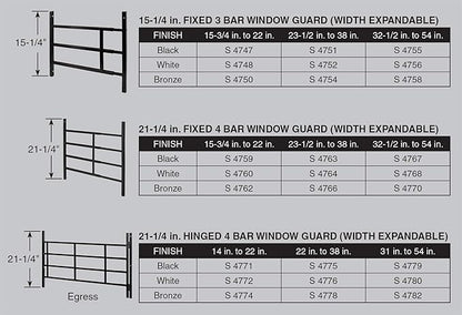Segal 9179775 16 in, Carbon Steel, Black, Fixed 3-Bar Window Grill, 15-1/4 in.H x 23-1/2 in-38 in.W
