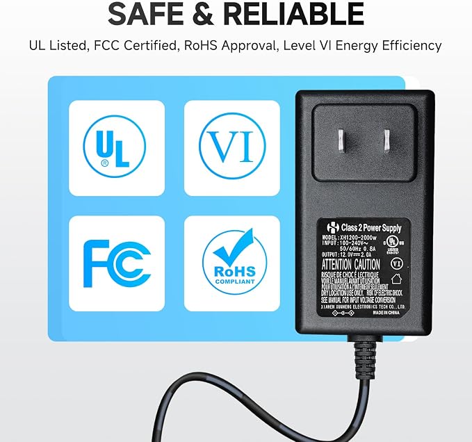 Power Adapter AC 100-240V to DC 12V 2A (2000mA) & 4-Way Power Splitter Cable for CCTV Security Cameras/DVR/NVR/LED Strip Lights/Routers and More, UL/FCC/CE Certificated (6ft)
