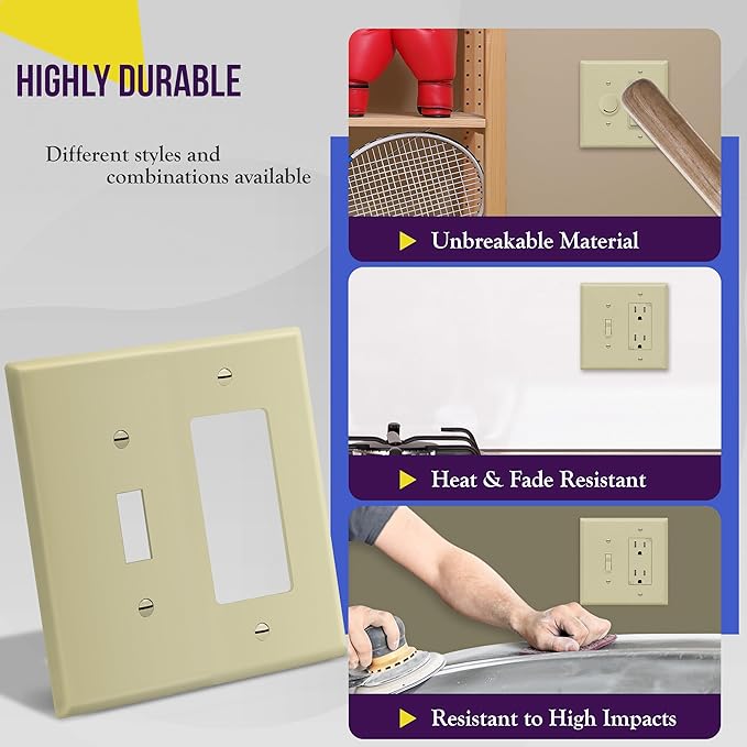 ENERLITES Combination Toggle Switch/Decorator Switch Wall Plate, Mid-Size 2-Gang 4.88 x 4.92", Polycarbonate Thermoplastic, 881131M-I, Ivory