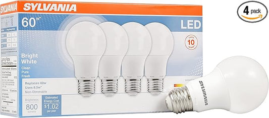 SYLVANIA LED Light Bulb, 60W Equivalent A19, Efficient 8.5W, Medium Base, Frosted Finish, 800 Lumens, Bright White - 4 Pack (79704)