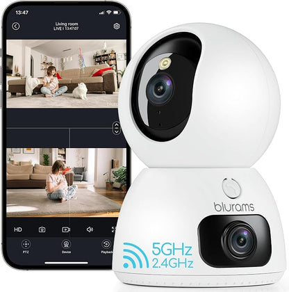 blurams 2K Dual-Lens Indoor Camera, 360° PTZ Pet Camera with Phone App, Split-Screen View, Free Human/Sound Detection, Dual-Band WiFi 6, Compatible with Alexa