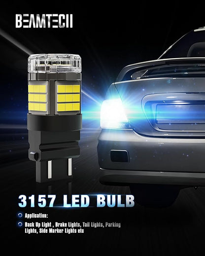 BEAMTECH Upgraded 3157 3156 LED Bulbs Reverse Lights, Build-in CANBUS, 6500K White Super Bright for 3056 4157 4057 3457 Tail Lights, Brake Parking Signal Back Up Lights, Pack of 2