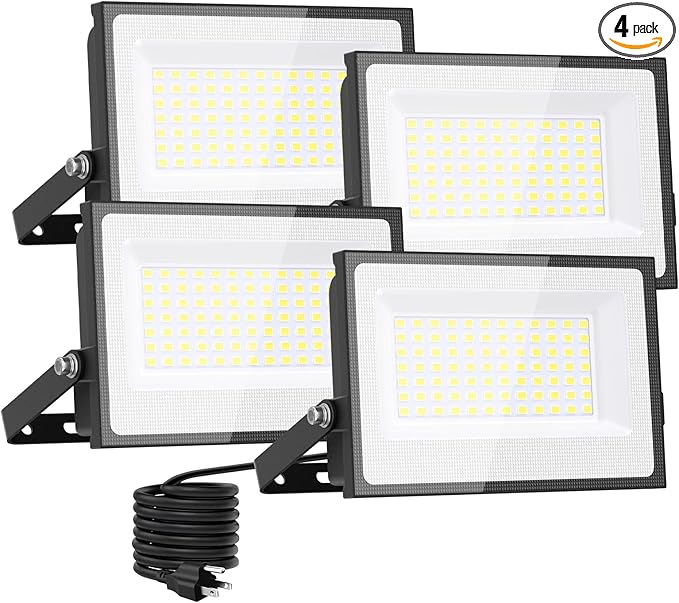 Onforu 80W Flood Lights Outdoor, 8000lm Bright LED Work Light with Plug,Daylight White LED Flood Lighting, IP66 Waterproof Security Yard Lights for Garage Stadium 4 Pack
