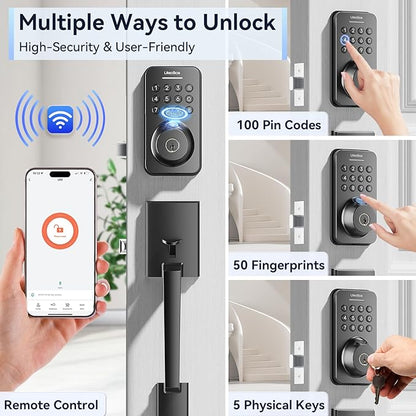 Ulecoce Fingerprint Keypad Deadbolt with Handle Set, Keyless Entry Door Lock, Door Locks for Front Door Lock Set, App Control, Auto Locking, Easy to Install, Matte Black