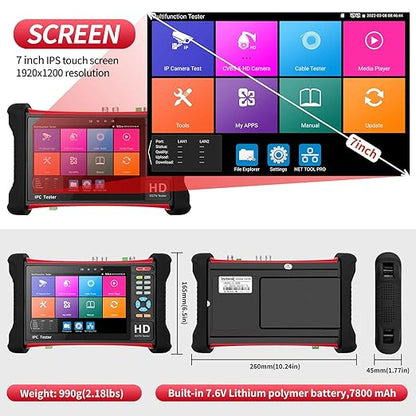 Rsrteng X7-ADHS CCTV Camera Tester 8K 32MP IP Camera Test 7-inch IPS Touch Screen Monitor CCTV Tester with HD TVI/CVI/AHD/SDI/CVBS/Support POE WiFi HD 8GB TF Card