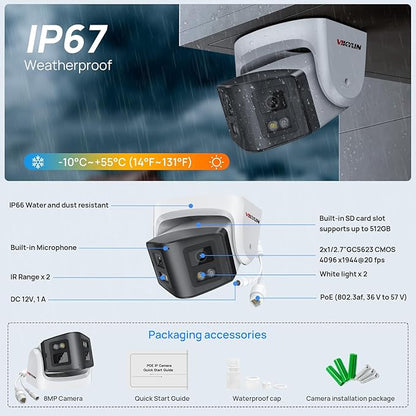 VIKYLIN 180° Dual-Lens 4K 8MP PoE IP Security Panoramic Turret Camera,Two Way Audio, AI Human Vehicle Detection Trigger Color Night Vision, SD Card (512GB),NDAA Complaint