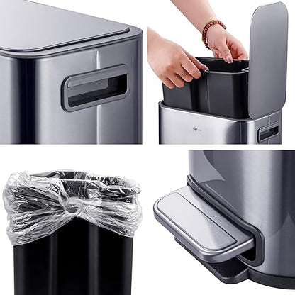 RED FACTOR Slim 1.3 Gallon Stainless Steel Pedal Trash Can with Soft Close Lid for Narrow Spaces – Small Wastebasket Bin with Removable Inner Bucket (Metallic Grey)