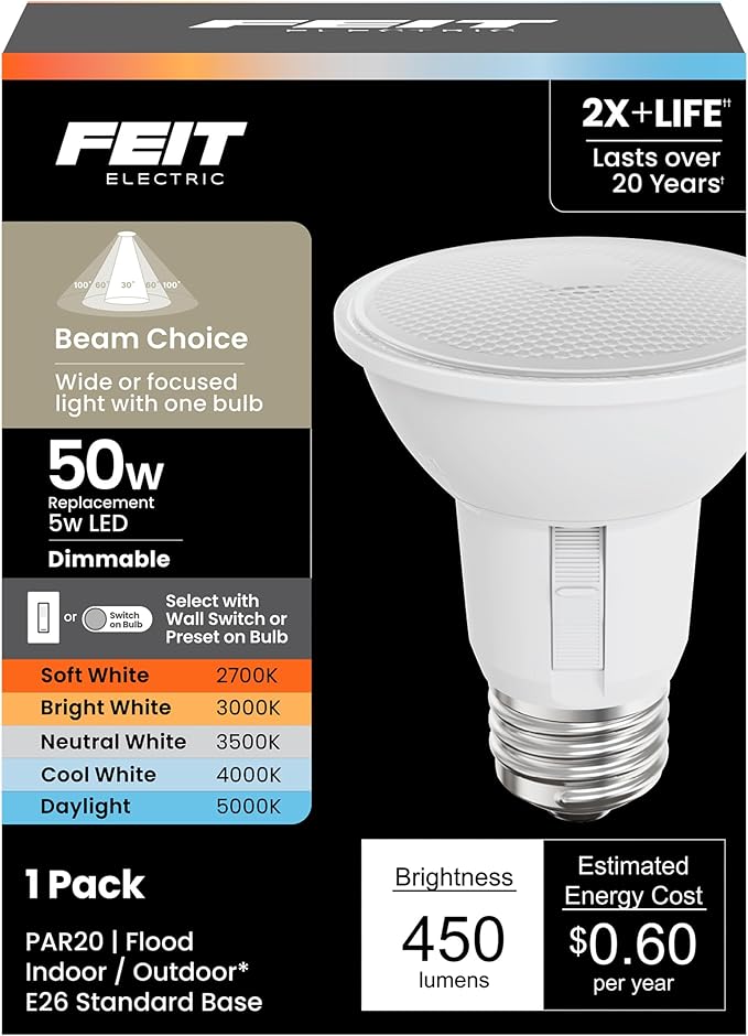 Feit Electric PAR20 LED Reflector Light, 50W Equivalent, Dimmable, Adjustable Beam, Adjustable White (2700K-5000K), 90+ CRI, Indoor/Outdoor, Track Lighting, 25,000-Hour Lifetime, PAR20DM/9XXCA/XX