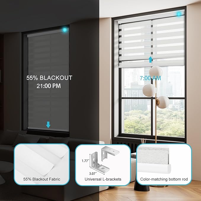 Motorized Zebra Blinds with Remote, Work with HomeKit Alexa, Smart Light Filtering Horizontal Automatic Electric Window Shades for Home Office Customsize(55% Blackout Treebark White)