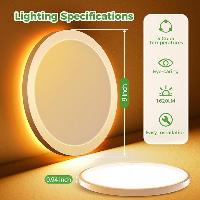 zemty Flush Mount Ceiling Light Fixture with Night Light, 9 Inch Low Profile Ceiling Lighting for Bedroom Bathroom Kitchen-White