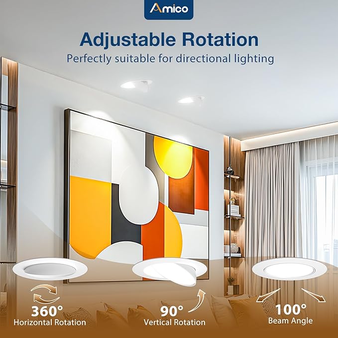 Amico 12 Pack 3 Inch 5CCT Gimbal LED Recessed Lighting, 360°&90°Adjustable Eyeball Directional Downlight, Dimmable, 2700K/3000K/3500K/4000K/5000K Selectable, 8W 600LM CRI90+, White, ETL&FCC