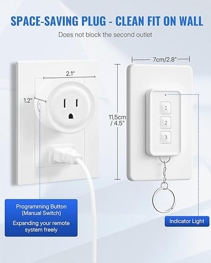 Remote Control Outlet, WILAWELS Wireless Light Switch with Removable Base, On Off Remote Outlet Switch for Light, Lamp, Appliance, 100ft RF Range, 10A/1250W, Expandable, 1 Remote for 3 Plugs W14RC1306