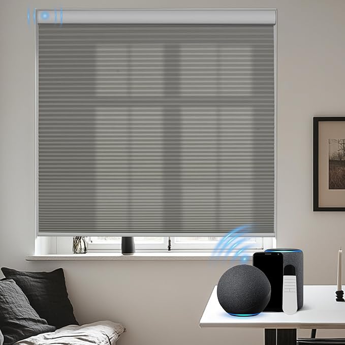 BERISSA Motorized Cellular Shades, Light Filtering Smart Honeycomb Blinds with Remote Control & Hub, Custom Room Darkening Automatic Cellular Window Blinds for Home Office, Living Room, Door,Gray