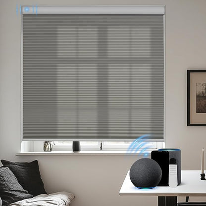 BERISSA Motorized Cellular Shades, Light Filtering Smart Honeycomb Blinds with Remote Control & Hub, Custom Room Darkening Automatic Cellular Window Blinds for Home Office, Living Room, Door,Gray