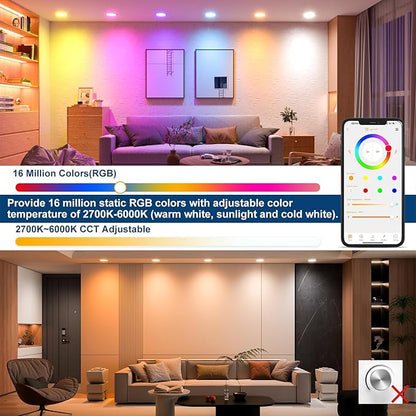 SikSog Black Smart Recessed Lighting 6 Inch RGBCW Color Changing 16W LED Downlight with Junction Box,1350 Lumen Recessed Ceiling Light Compatible with Alexa,Dimmable by Bluetooth Control -12Pack