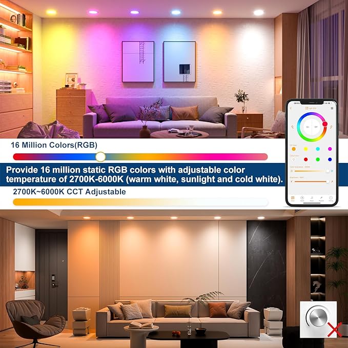 SikSog Smart Recessed Lighting 6 Inch RGBCW Color Changing 16W LED Downlight with Junction Box,1350 Lumen Recessed Ceiling Light Compatible with Alexa,Dimmable by Bluetooth Control -1Pack