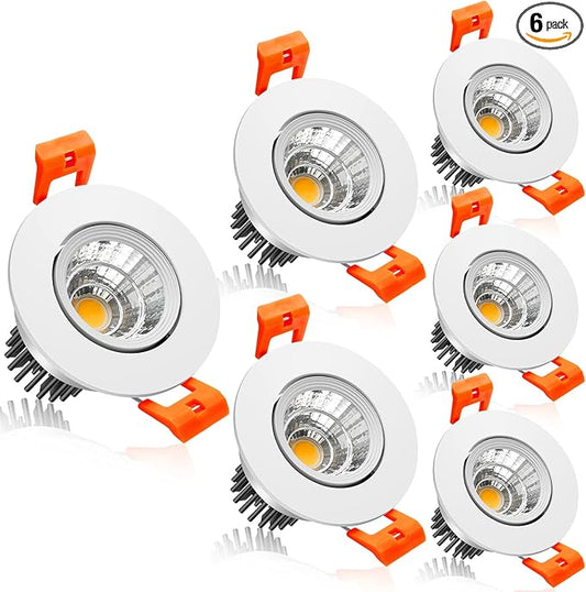 2Inch LED Recessed Ceiling Light, 3W Dimmable LED Downlight, 60 Beam Angle COB Recessed Lights with Driver, Warm White 3000K, 25W Halogen Bulbs Equivalent for Ceiling Lighting,White 6 Pack