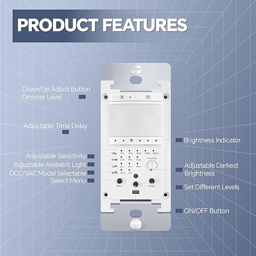 ECOELER Motion Sensor Dimmer Light Switch, in-wall Electronic Dimmer with PIR Infrared Motion Activated, Occupancy & Vacancy Modes, Single Pole for CFL/LED Bulb, Wall Plate Included, White