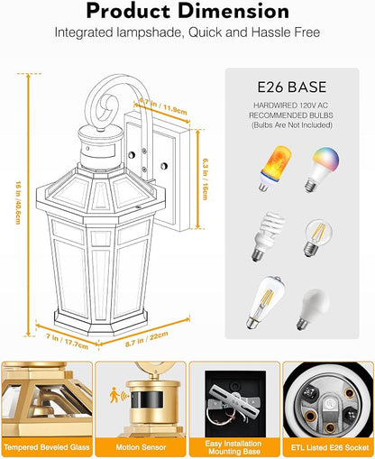 Motion Sensor Front Porch Light, Gold Outdoor Light Fixture Wall Mount, Outdoor Wall Lantern Sconce Light with Beveled Glass, Waterproof Carriage Lights Exterior, Coach Lights for Garage, Patio