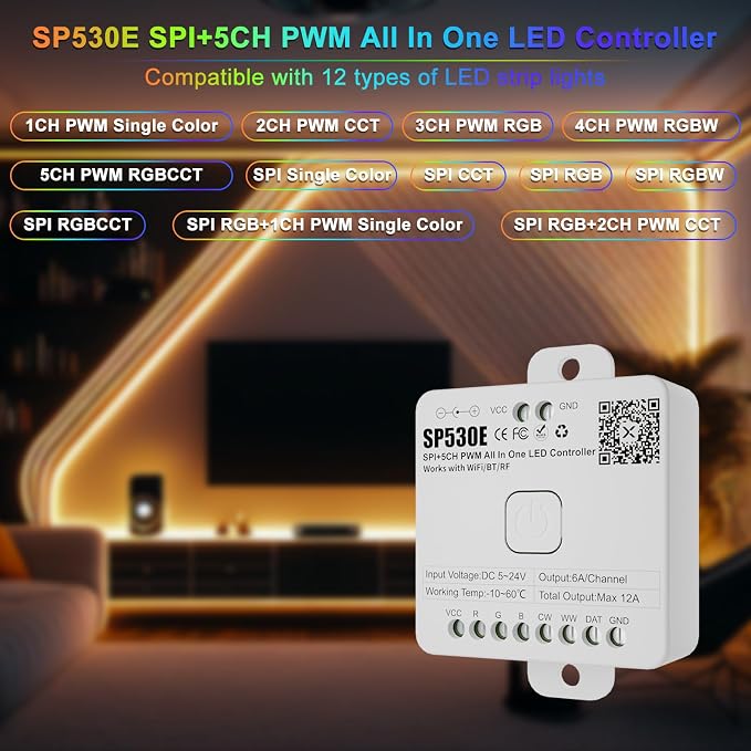 PAUTIX SP530E WiFi Bluetooth LED Controller Alexa/Google 12-in-1 LED Dimmer Support PWM/SPI Single Color CCT RGB RGBW RGBCCT IC LED Strip WS2811 WS2812,for COB/5050 2835 LED Strip Lights DC5V 12V 24V