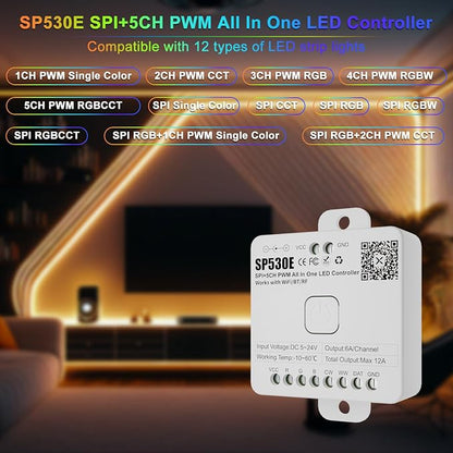 PAUTIX SP530E WiFi Bluetooth LED Controller Alexa/Google 12-in-1 LED Dimmer Support PWM/SPI Single Color CCT RGB RGBW RGBCCT IC LED Strip WS2811 WS2812,for COB/5050 2835 LED Strip Lights DC5V 12V 24V
