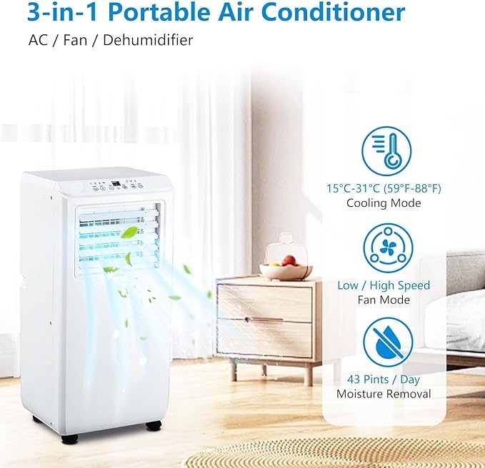 GarveeLife Portable Air Conditioner,10,000 BTU for Rooms up to 450 Sq.Ft., Smart Compact AC Unit with Cooling, Dehumidifier, Fan, Remote Control and Window Kit, White