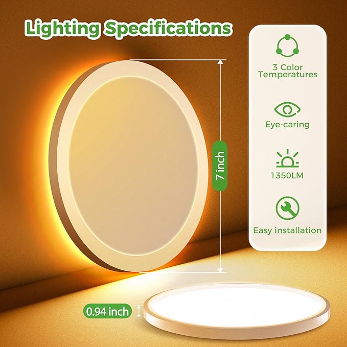 zemty 7 Inch LED Ceiling Light with Night Light, 1800K, 3000K/4000K/6500K Light Fixtures, Low Profile Lighting for Bedroom, Living Room, Kitchen-White