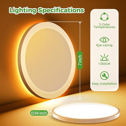 zemty 7 Inch LED Ceiling Light with Night Light, 1800K, 3000K/4000K/6500K Light Fixtures, Low Profile Lighting for Bedroom, Living Room, Kitchen-White