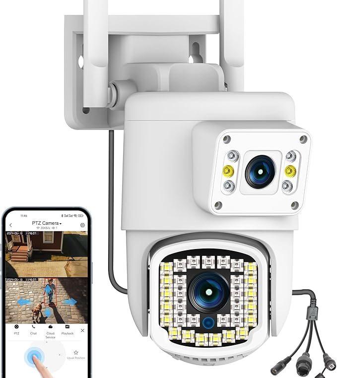 Dual Lens Outdoor PTZ Security Camera,4MP WiFi Surveillance Camera with Night Vision, Motion Detection, Human Tracking & Detection, 355°View, SD/Cloud, 24/7 Record, White,