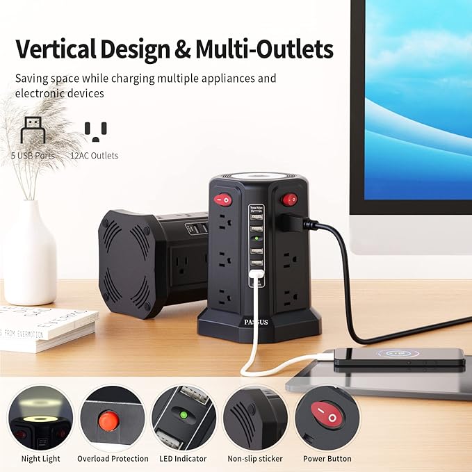 Surge Protector Power Strip with 10FT Cord 1625W|13A, Power Tower with 5 USB Ports and Night Light, PASSUS Outlet Tower with 12 AC Outlets Overload Protection for Home Office DormRoom (Black-13A)