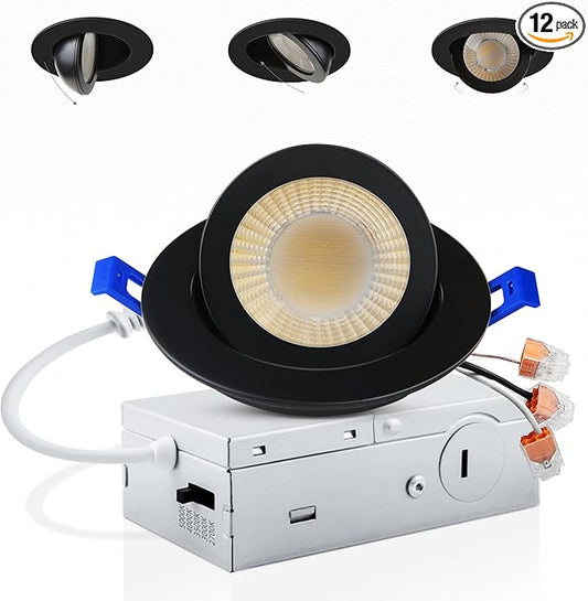 Adetu 3 Inch Gimbal Black Led Recessed Lighting, 360°+90° Adjustable Directional Led Recessed Lights, 2700K/3000K/3500K/4000K/5000K Dimmable Retrofit Eyeball Can Lights with Jbox,ETL (Black, 1 Pack)