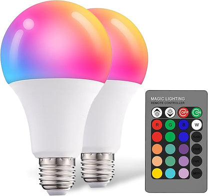 Droiee Dimmable E26 Warm LED Light Bulb, 6W RGBW Color 500LM with 16 Color Changing Modes for Christmas, Party etc with Remote Control 2 Pack, White, Dr-2024
