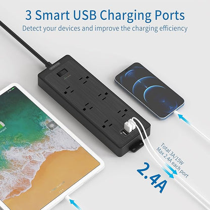 NTONPOWER Flat Plug Power Strip with 3 USB Ports, 6 Extra Widely Spaced Outlets, 1700 Joules Surge Protector, 15A Circuit Breaker, 5 FT Extension Cord, Black