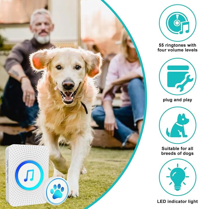 Dog Door Bell for Potty Training, Smart Wireless Doggie Doorbell to Go Outside, 1000 Feet Long Range with IP65 Waterproof Super-Light Touch Button, 60 Melodies & Adjustable Volume (White)