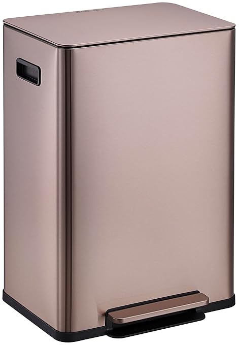 Simpli-Magic Infinity Edge 60 Liter / 16 Gallon Rectangular Hands-Free Extra Large Kitchen Step Trash Can, Soft-Close Single Lid Recycling Bin, Stainless Steel, Gold, 79681