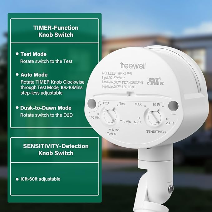 2 Pack Motion Sensor, 180-Degree Replacement Motion Detector, Adjustable Time & Detection Sensitiity Up to 60 Feet Range, 3 Working Modes Pir Motion Sensor for Security Floodlight, White, UL Listed