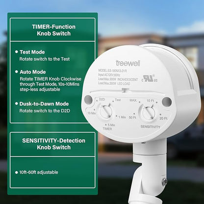 2 Pack Motion Sensor, 180-Degree Replacement Motion Detector, Adjustable Time & Detection Sensitiity Up to 60 Feet Range, 3 Working Modes Pir Motion Sensor for Security Floodlight, White, UL Listed