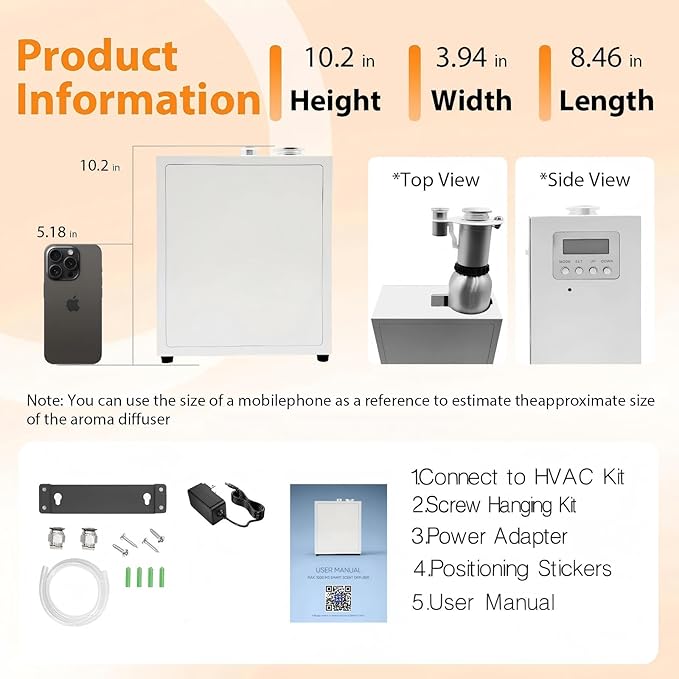 4000 Sq.Ft HVAC Smart Scent Diffuser for Home All-Metal Material. Suitable for Large residences, Hotels or Offices. Capacity 500 ml. Supports Bluetooth APP Control.