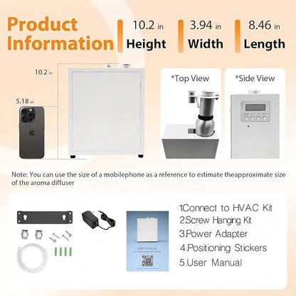 4000 Sq.Ft HVAC Smart Scent Diffuser for Home All-Metal Material. Suitable for Large residences, Hotels or Offices. Capacity 500 ml. Supports Bluetooth APP Control.