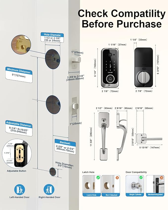 Smart Front Door Lock Sets: 2K HD Camera Lock with Doorbell Kits, Hornbill Fingerprint Keyless Entry Door Lock with Handles, WiFi Deadbolt (only 2.4G) for Remote Control, Auto Lock,Satin Nickel