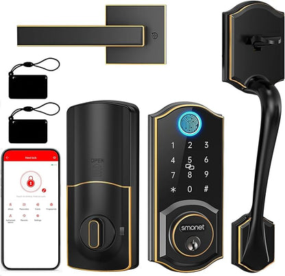 SMONET Front Door Lock Set Keyless Entry, Smart Door Lock with Handle, Fingerprint Keypad Bluetooth Alexa Deadbolt Lockset Suitables for Rental Management and Smart Home Residents