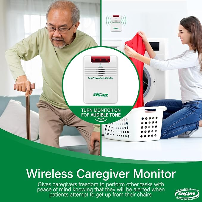 Smart Caregiver Wireless Chair Exit Alarm with Weight Sensing Pad - Automatically alerts caregiver when they get up to prevent falls | 10"x15" Pressure Sensor and Cordless Chair Alarm up to 300' Range