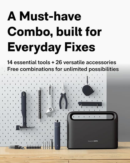 HOTO 40-Piece Tool Kit for Dorm, Household Essentials Tool Set | 14 Tools & 26 Accessories, Smart Electric Screwdriver (LED, 3 Torque), Pro-Grade Compact Organizer