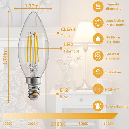 E12 LED Edison Bulb 40W Equivalent,Non-Dimmable 2700K Warm White，600 Lumens 4W C35 LED Filament Vintage Light Bulbs，Clear Glass,Suitable for Chandeliers and Ceiling Fans (6 Pack)