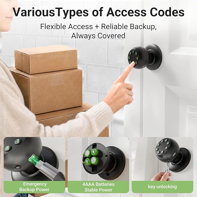 Smart Keypad Door Knob, Keyless Entry Door Lock with Auto Lock and Low Battery Alert, 50 User Codes, Easy Installation, Matte Black, for Front Door Bedroom Office Apartment