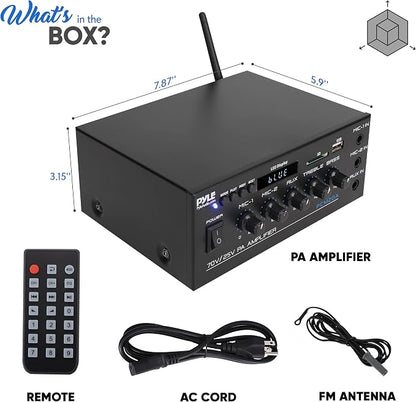 Pyle Compact Mini Home Power Amplifier - 40W Smart Small Audio Stereo Receiver w/AUX, 2 Microphone in, COM/8-Ohm/25V/70V Speakers, LED, Input Selector, for PA, Amplified Speaker Sound System PCM20A.5 | COM/8-Ohm/25V/70V Connect, LED Display - PCM20A.5