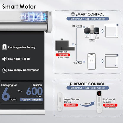 Motorized Roller Blinds with Remote Control & Solar Panel - 100% Blackout Smart Blinds, Automatic, Cordless, Electric Shades - Compatible with Alexa - Black, 35" W x 72" H