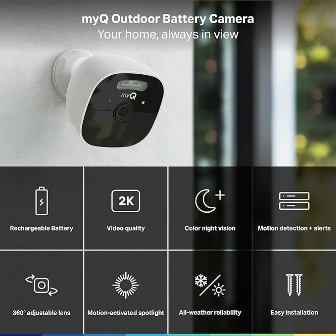 myQ Outdoor Battery Camera | 2K Camera, Color Night Vision, Spotlight, Motion Alerts, Live View with Two-Way Talk, Wireless, Weather-Resistant, Outdoor, White, 4 Pack