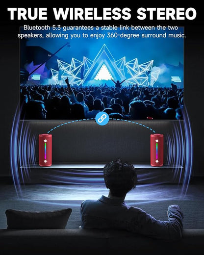 OHAYO Bluetooth Speaker, Portable Wireless, IPX7 Waterproof, Powerful 25W Sound, 24H Playtime, Dual Pairing, Active Bass, Colorful Lights, Bluetooth 5.3, Outdoor Speakers for Home/Party/Beach, Red